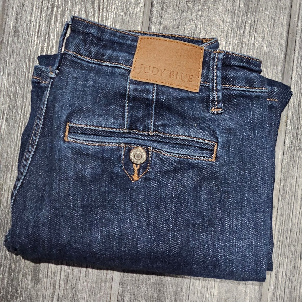 Judy Blue Dark Indigo Wide Leg Jeans with Leather Patch